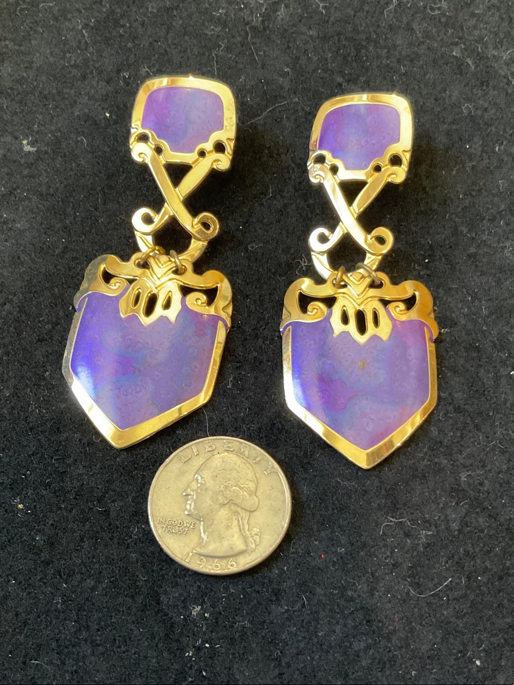 Vintage Gold-Tone Purple Shield Drop Earrings - Women Jewelry
